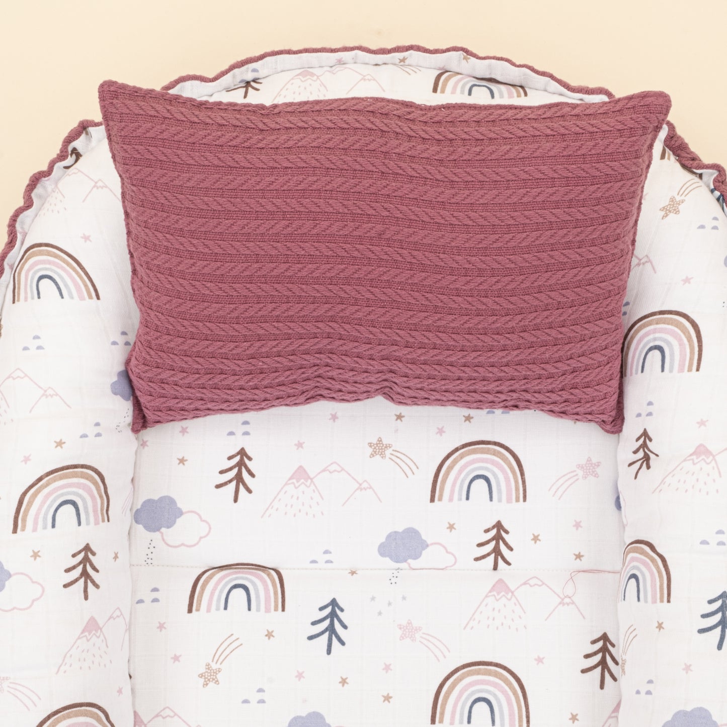 Babynest ve Yastık - Çift Taraflı - Mürdüm Örgü - Pastel Gökkuşağı