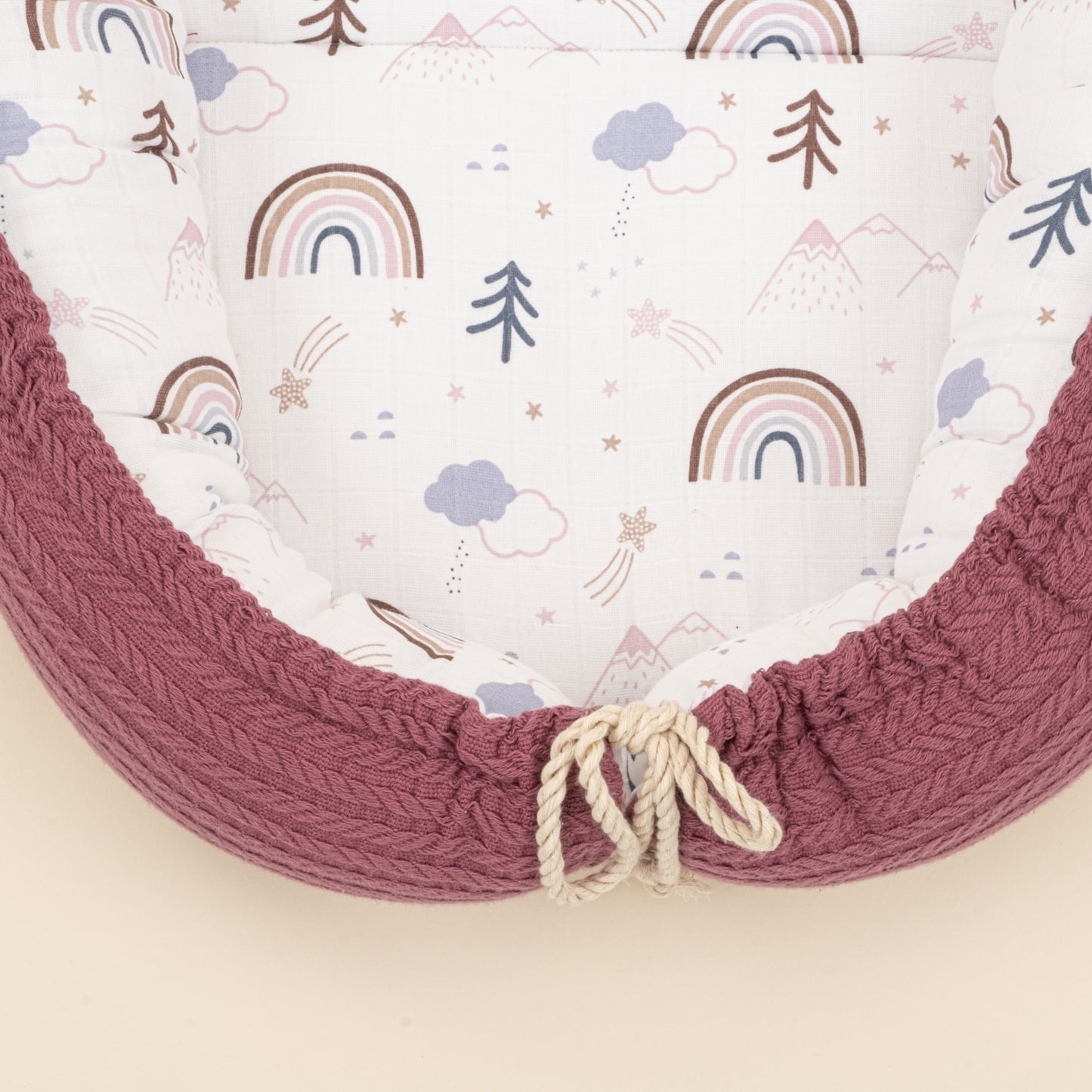Babynest ve Yastık - Çift Taraflı - Mürdüm Örgü - Pastel Gökkuşağı