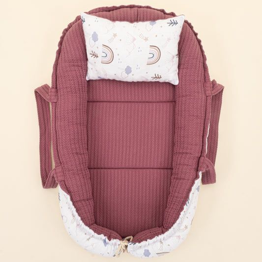 Babynest ve Yastık - Çift Taraflı - Mürdüm Örgü - Pastel Gökkuşağı