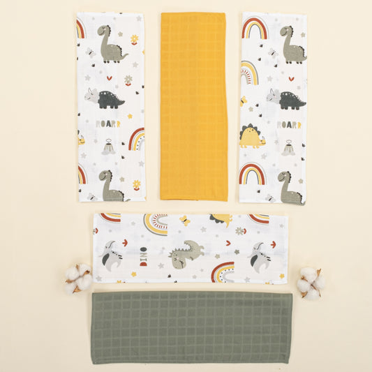 5'li Omuz Mendili Set - Hardal Muslin - Haki Muslin - Yeşil Dino