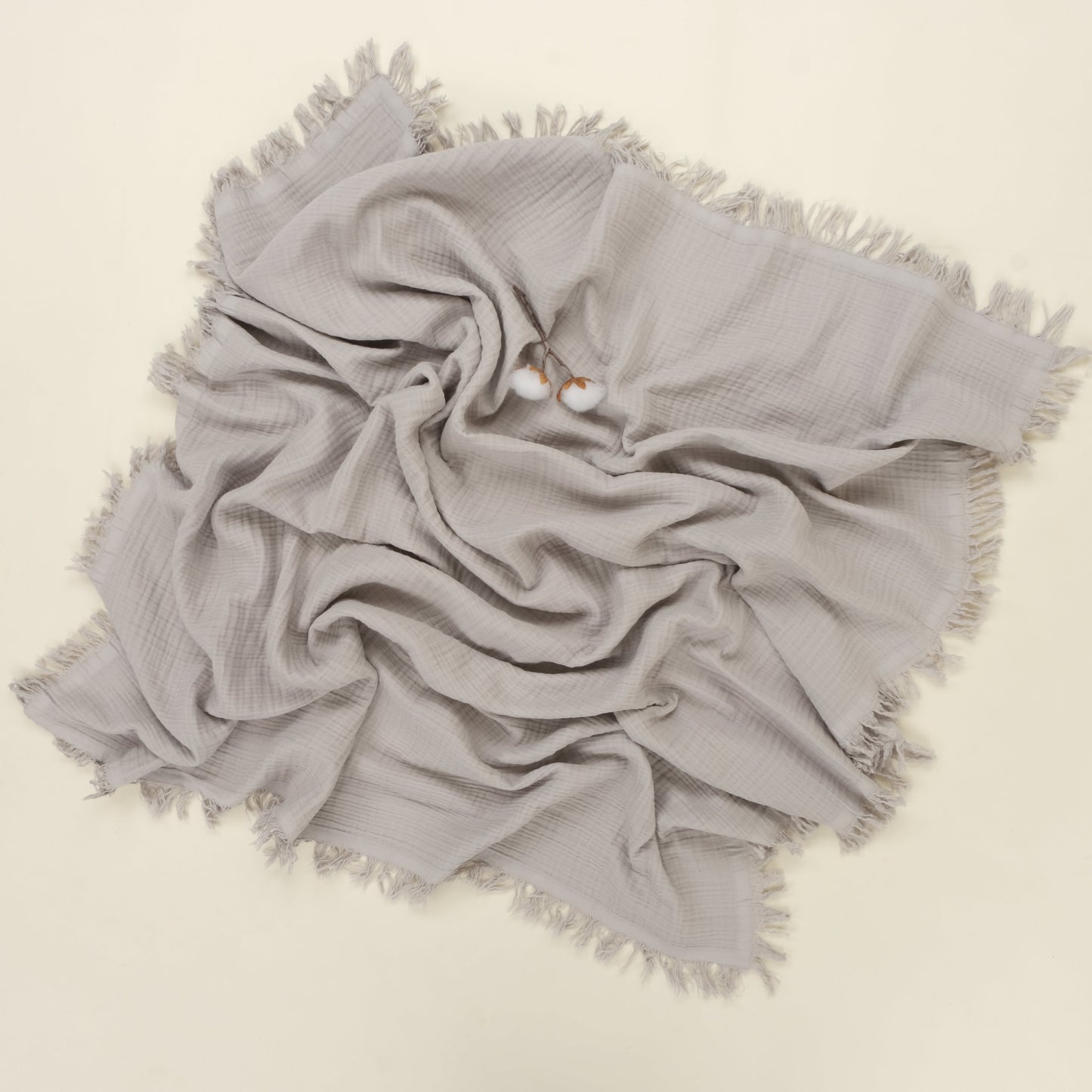 3 lü Bebek Muslin Kundak Set - Dört Katlı Püsküllü Gri - İki Katlı Hardal - Hardal Gökkuşağı