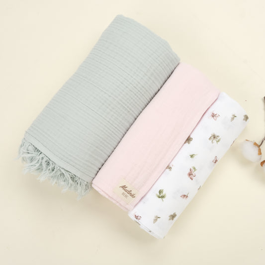 3 lü Bebek Muslin Kundak Set - Dört Katlı Püsküllü Mint - İki Katlı Bebe Pembe - Çiçekler