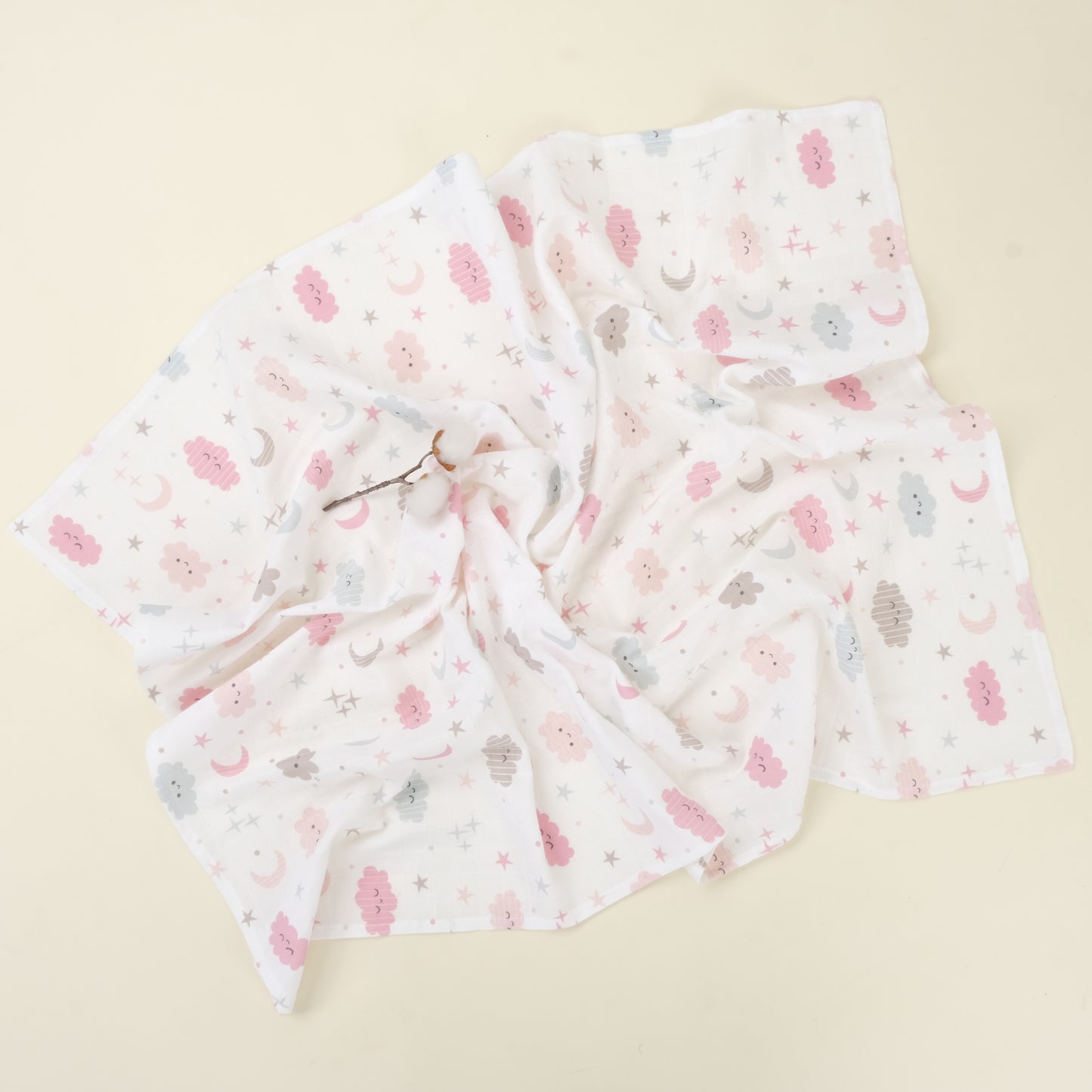 3 lü Bebek Muslin Kundak Set - Dört Katlı Püsküllü Gri - İki Katlı Bebe Pembe - Pembe Bulutlar