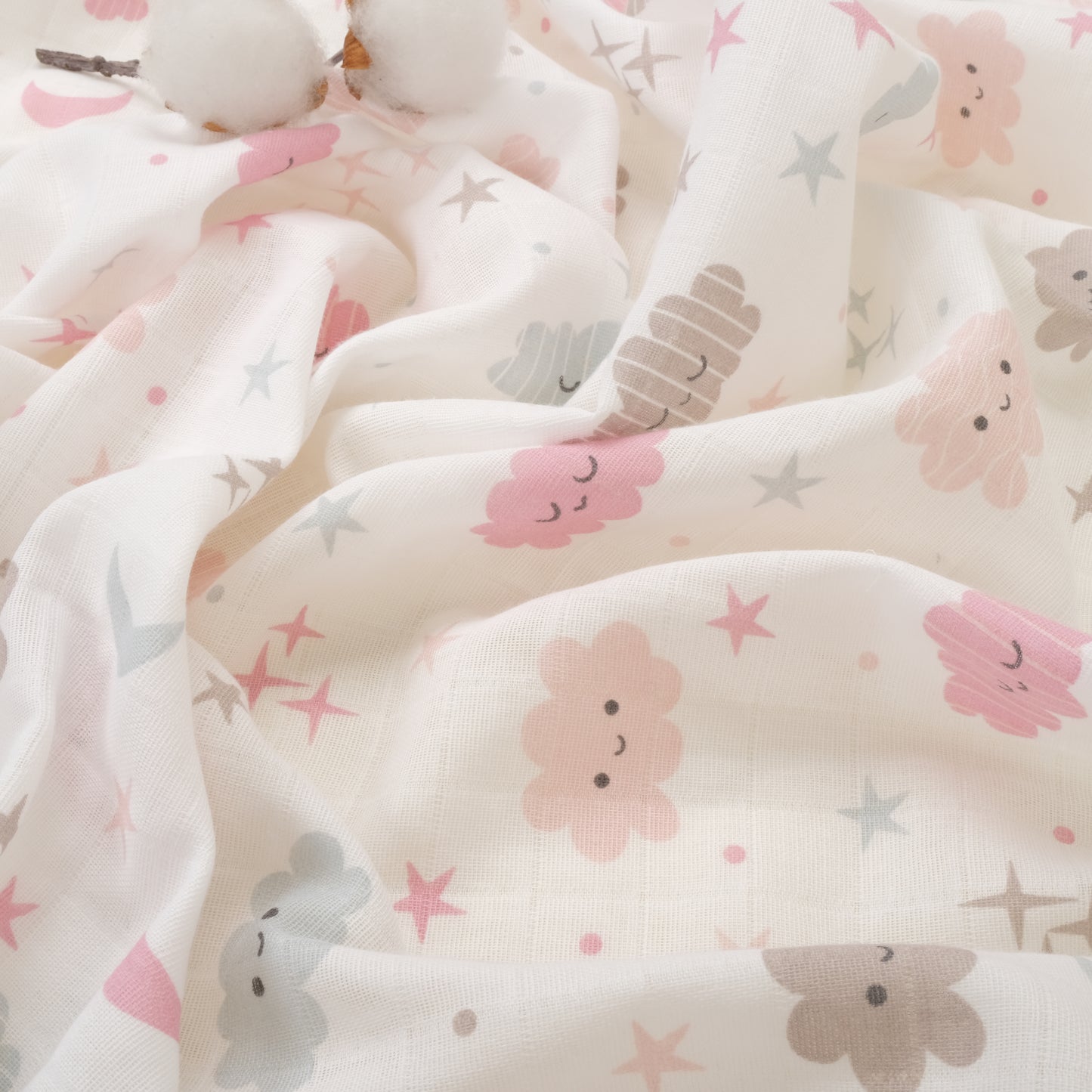 3 lü Bebek Muslin Kundak Set - Dört Katlı Püsküllü Gri - İki Katlı Bebe Pembe - Pembe Bulutlar
