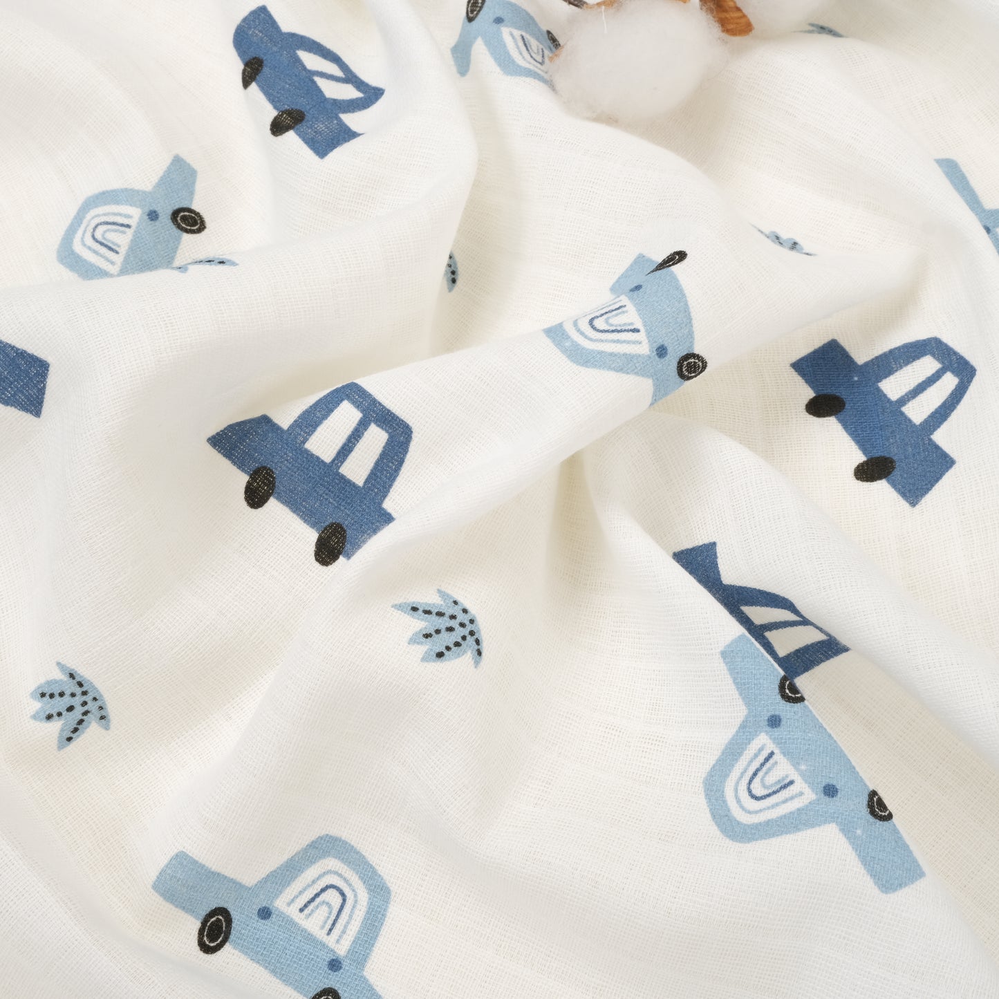 3 lü Bebek Muslin Kundak Set - Dört Katlı Püsküllü İndigo - İki Katlı Bebe Mavi - Mavi Arabalar