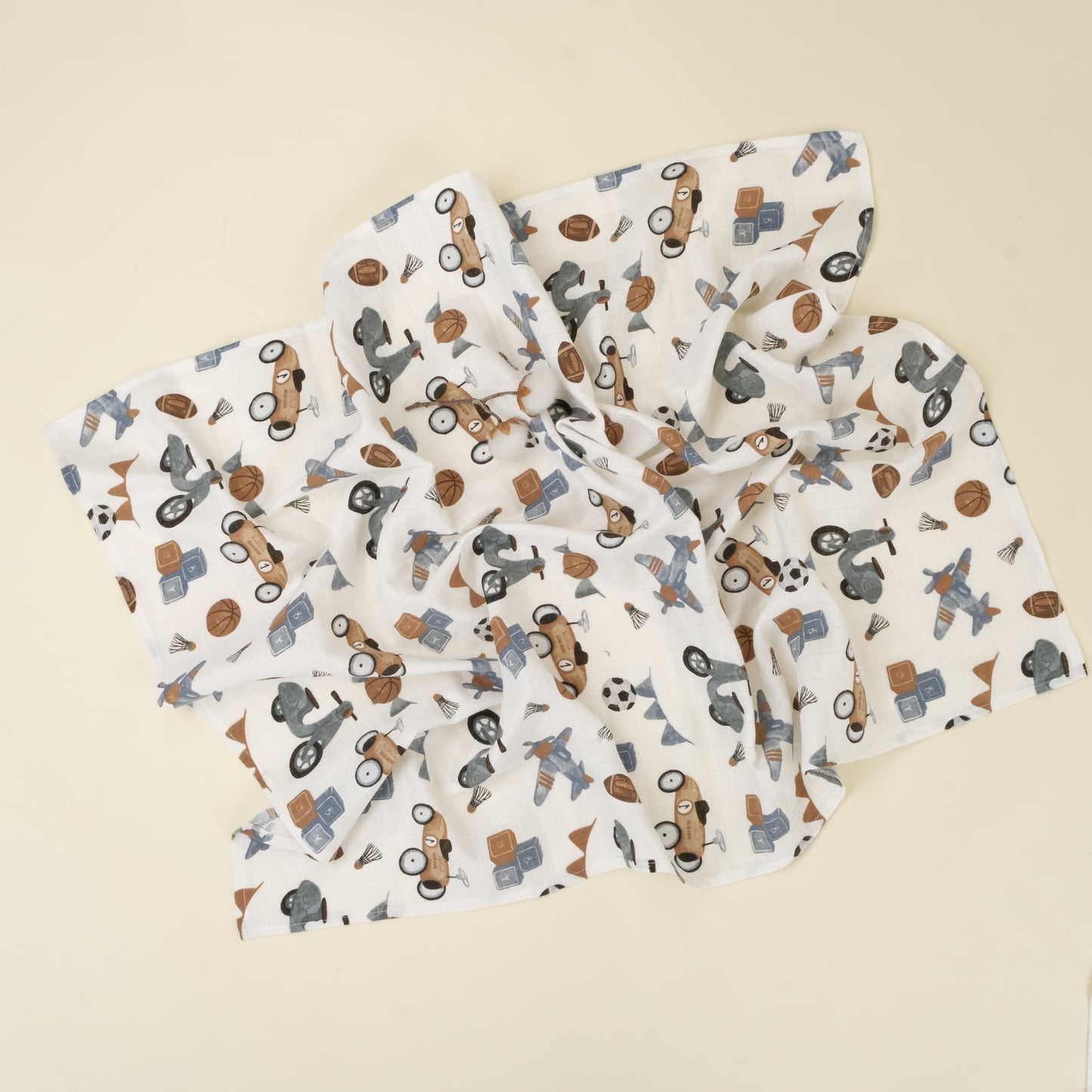 3 lü Bebek Muslin Kundak Set - Dört Katlı Püsküllü Gri - İki Katlı Bebe Mavi - Araçlar
