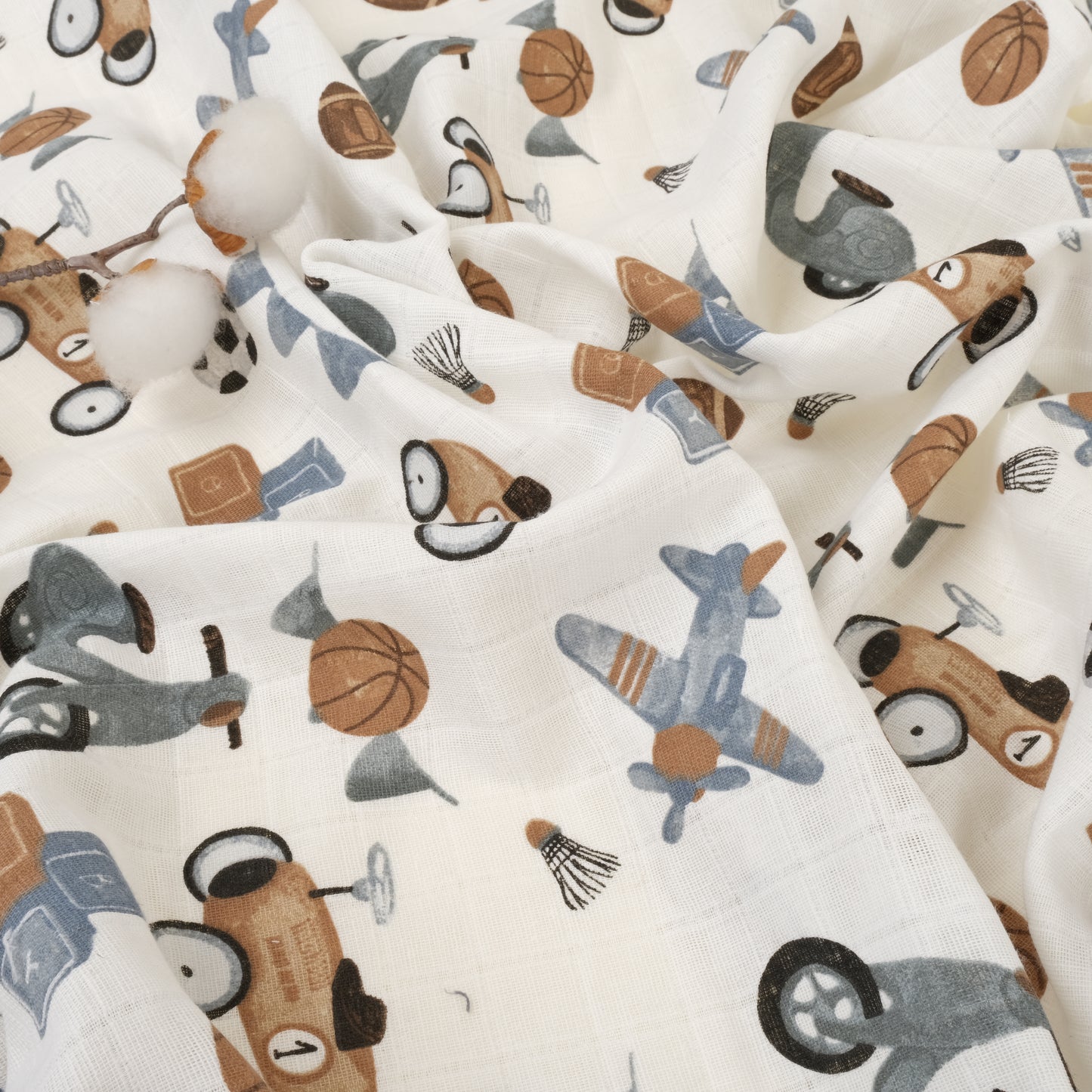 3 lü Bebek Muslin Kundak Set - Dört Katlı Püsküllü Gri - İki Katlı Bebe Mavi - Araçlar