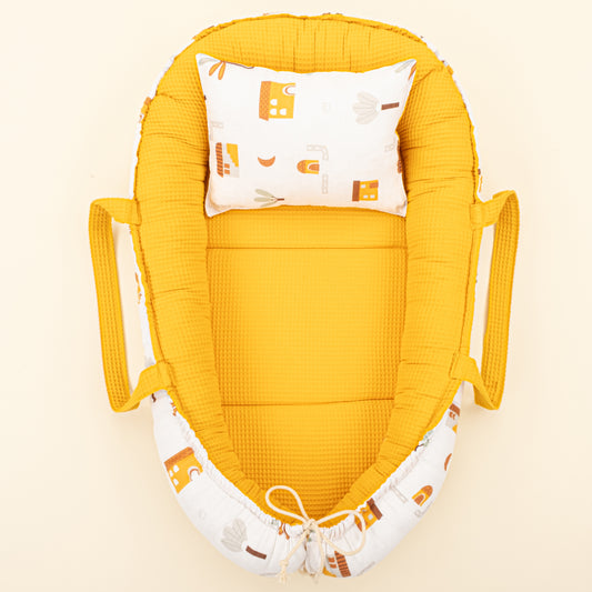 Babynest ve Yastık- Çift Taraflı - Hardal Petek - Sarı Ev