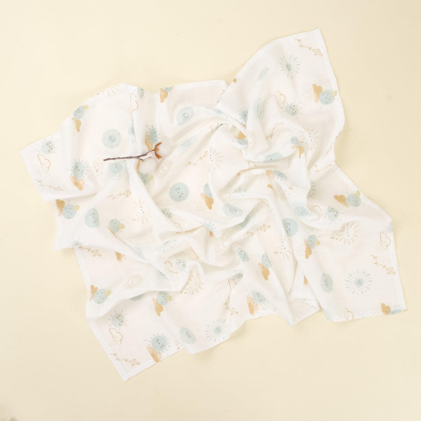 3 lü Bebek Muslin Kundak Set - Dört Katlı Püsküllü Hardal - İki Katlı Mint - Su Yeşili Güneş