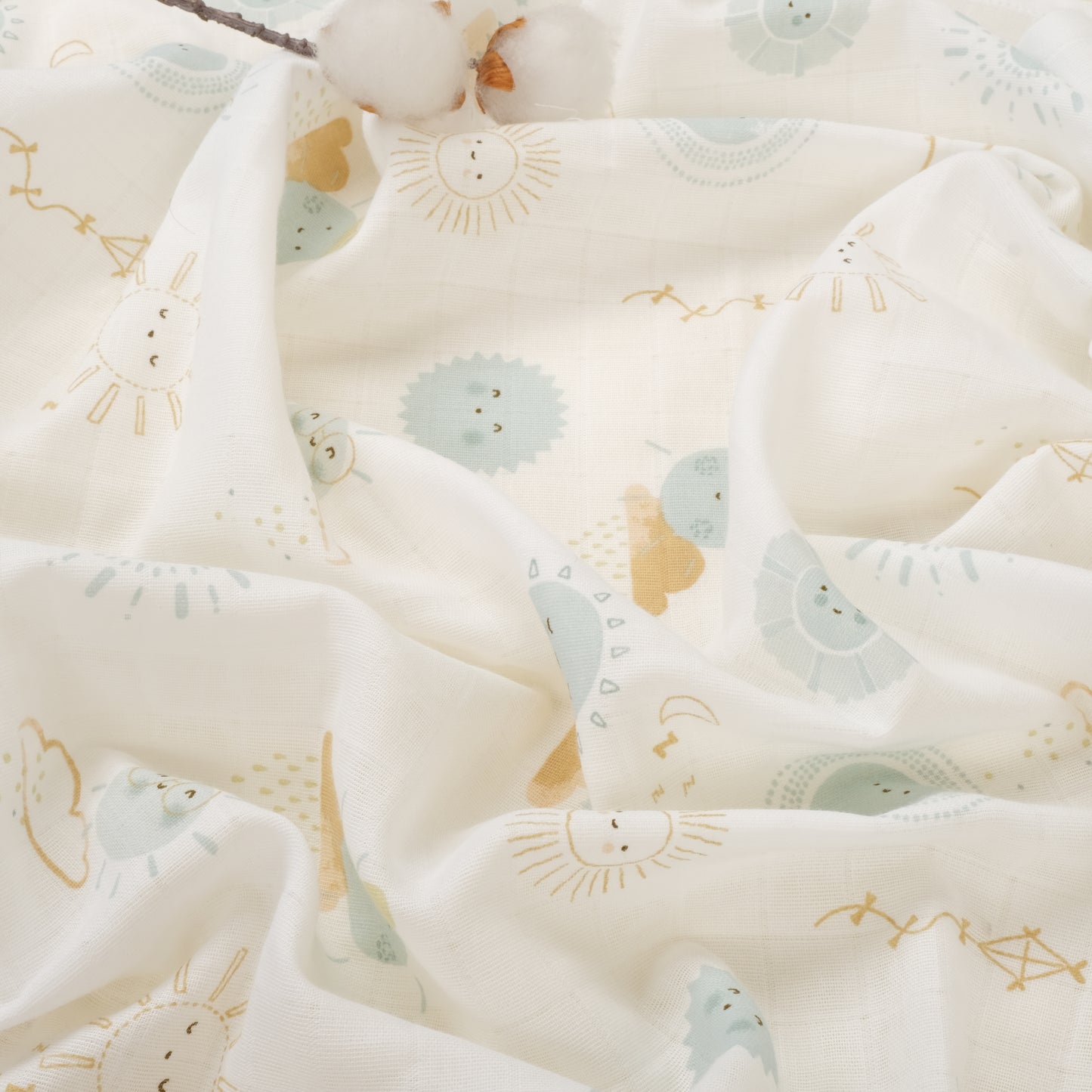 3 lü Bebek Muslin Kundak Set - Dört Katlı Püsküllü Hardal - İki Katlı Mint - Su Yeşili Güneş