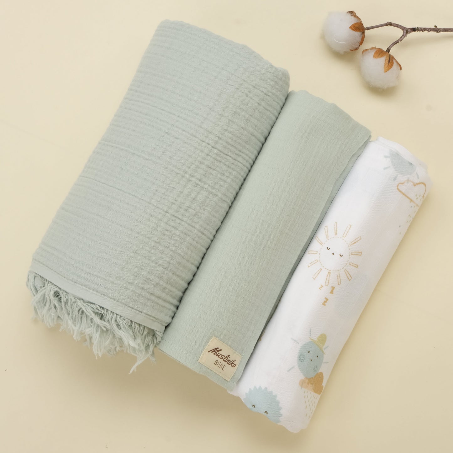 3 lü Bebek Muslin Kundak Set - Dört Katlı Püsküllü Mint - İki Katlı Mint - Su Yeşili Güneş