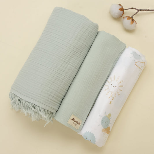 3 lü Bebek Muslin Kundak Set - Dört Katlı Püsküllü Mint - İki Katlı Mint - Su Yeşili Güneş