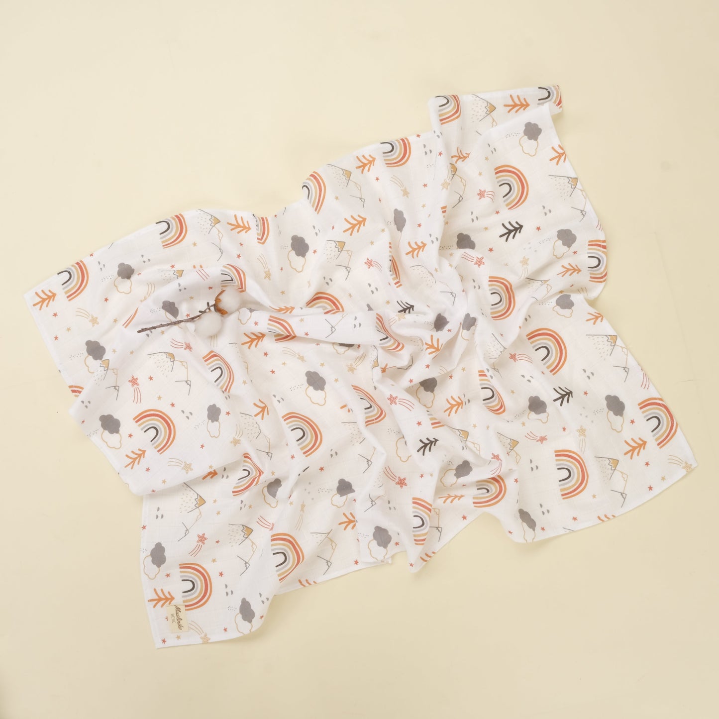 3 lü Bebek Muslin Kundak Set - Dört Katlı Püsküllü Hardal - İki Katlı Sütlü Kahve - Turuncu Kuyruklu Yıldız