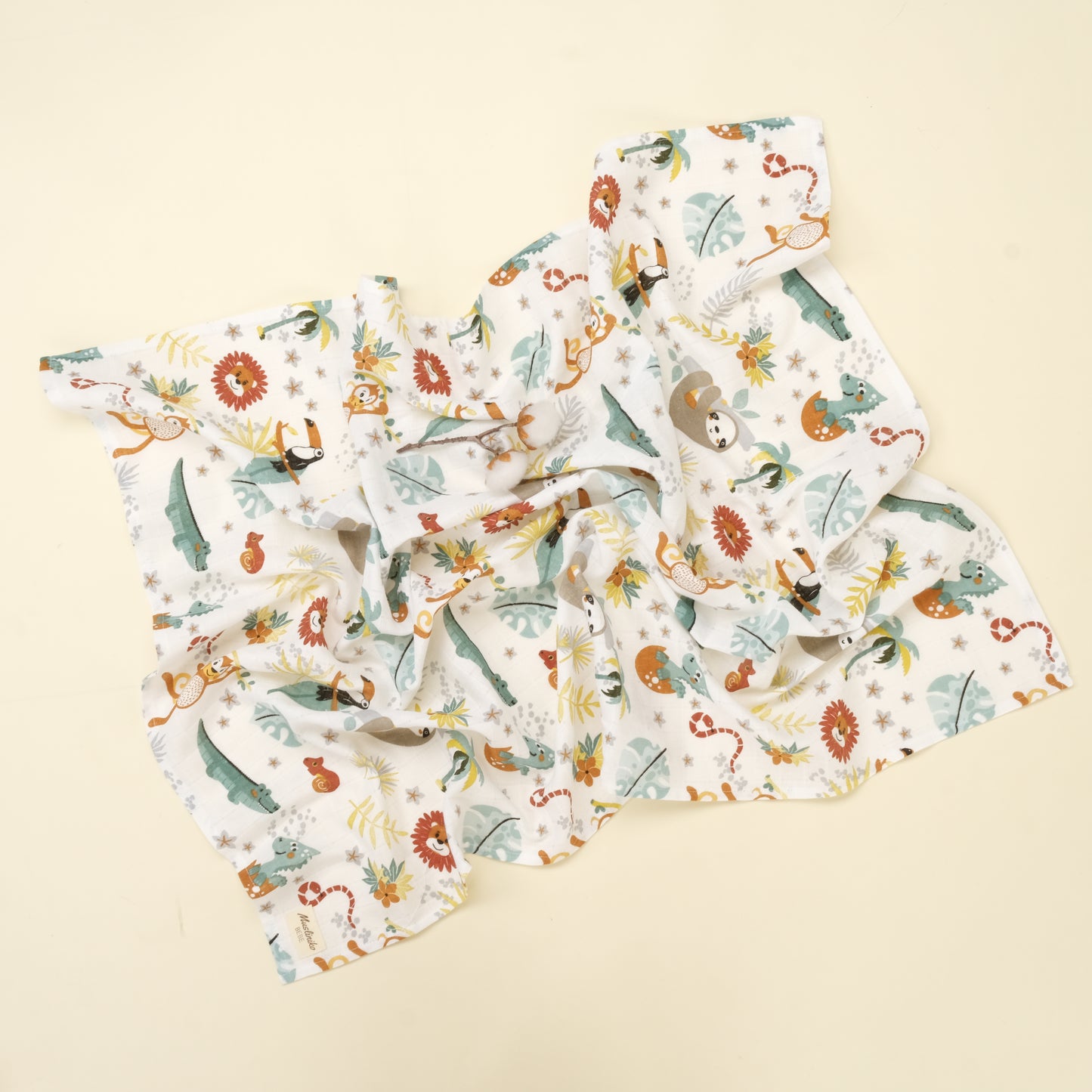 3 lü Bebek Muslin Kundak Set - Dört Katlı Püsküllü Beyaz - İki Katlı Sütlü Kahve - Hayvanat Bahçesi
