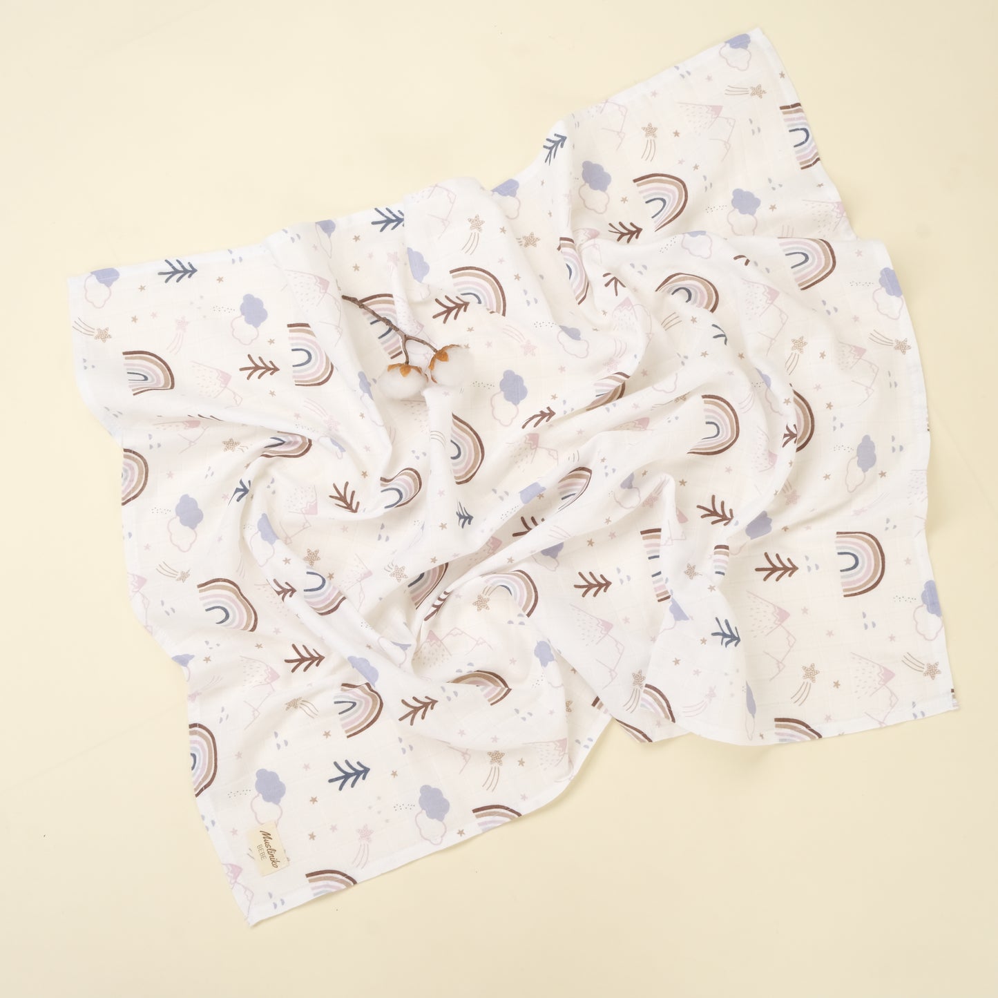 3 lü Bebek Muslin Kundak Set - Dört Katlı Püsküllü Gri - İki Katlı Bebe Pembe - Pastel Gökkuşağı