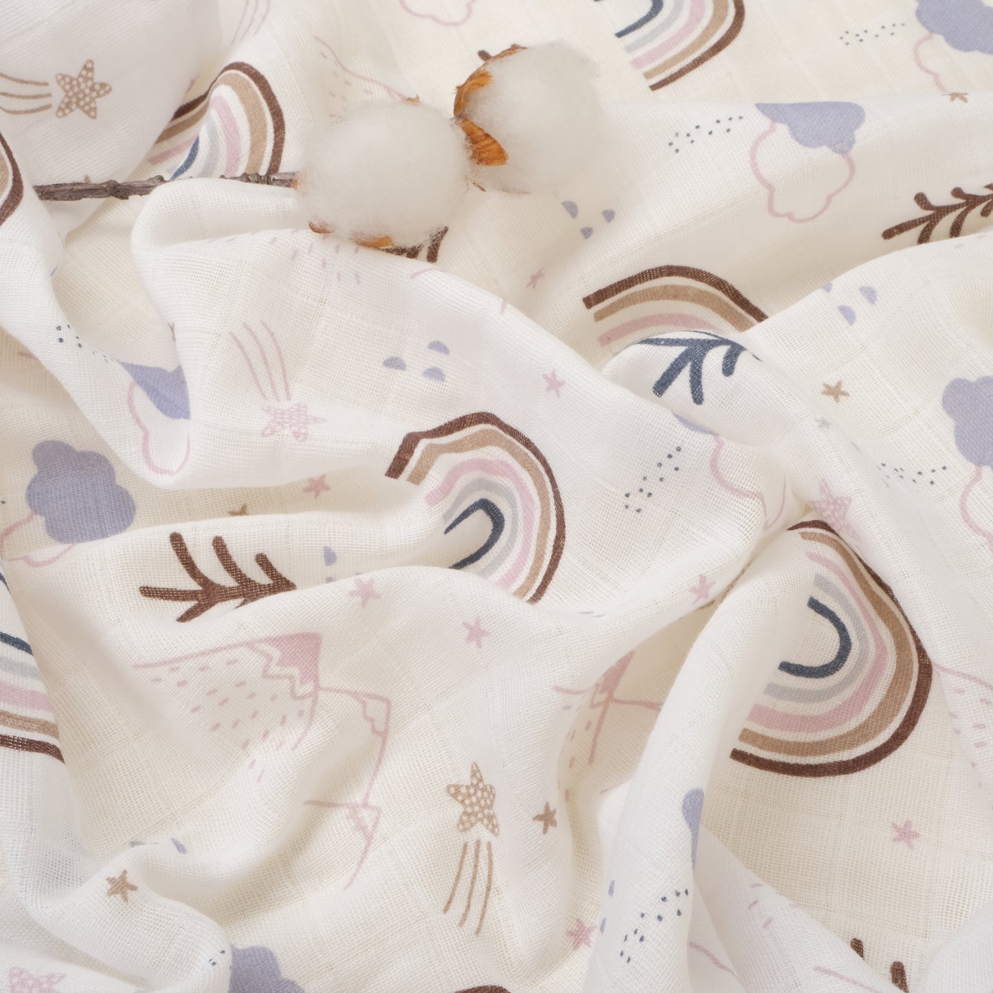 3 lü Bebek Muslin Kundak Set - Dört Katlı Püsküllü Gri - İki Katlı Bebe Pembe - Pastel Gökkuşağı