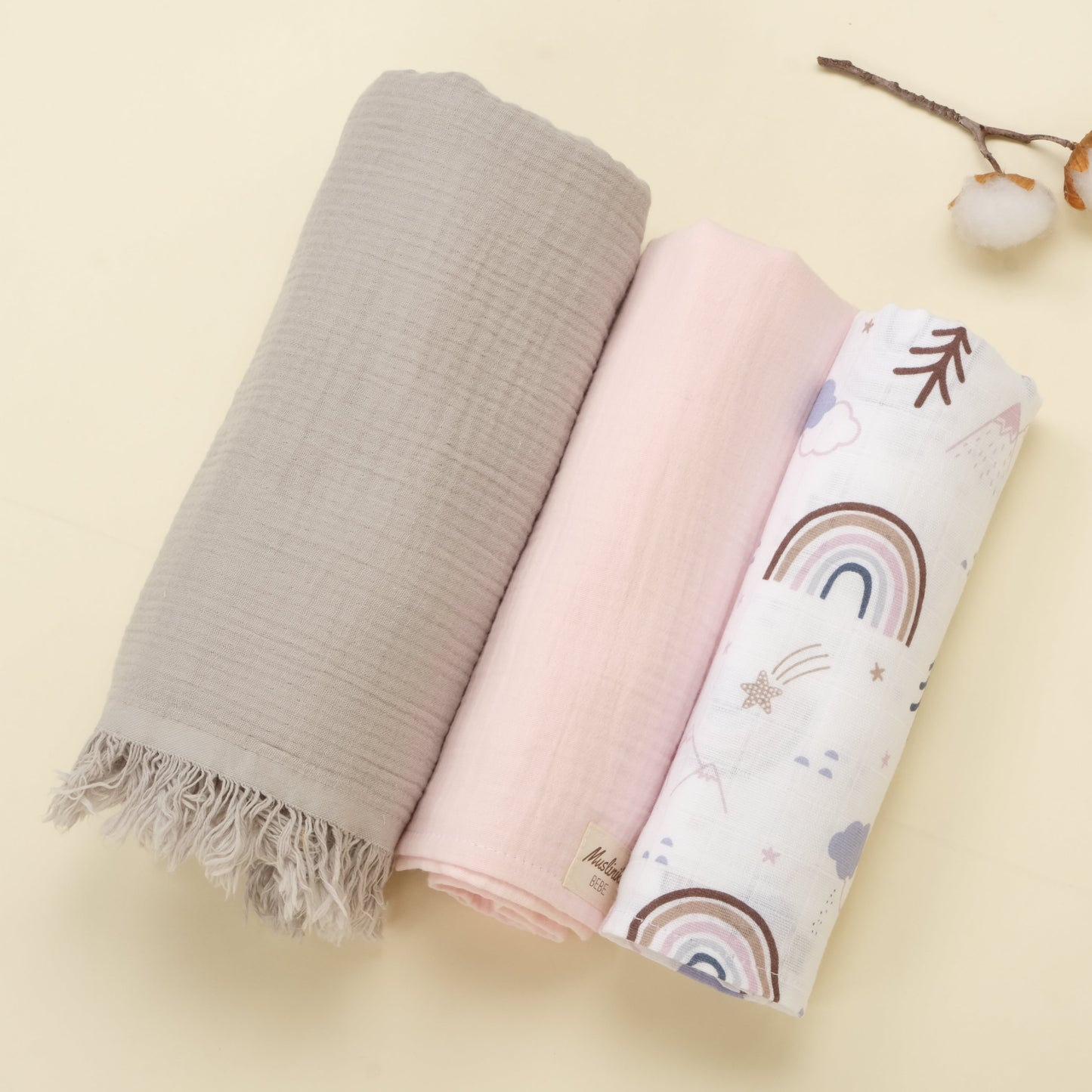 3 lü Bebek Muslin Kundak Set - Dört Katlı Püsküllü Gri - İki Katlı Bebe Pembe - Pastel Gökkuşağı