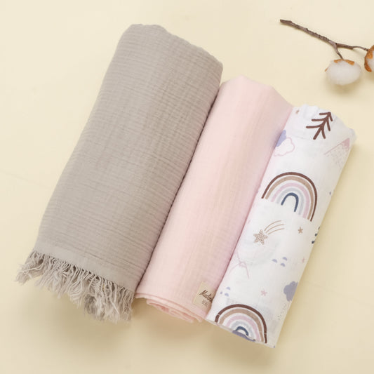 3 lü Bebek Muslin Kundak Set - Dört Katlı Püsküllü Gri - İki Katlı Bebe Pembe - Pastel Gökkuşağı