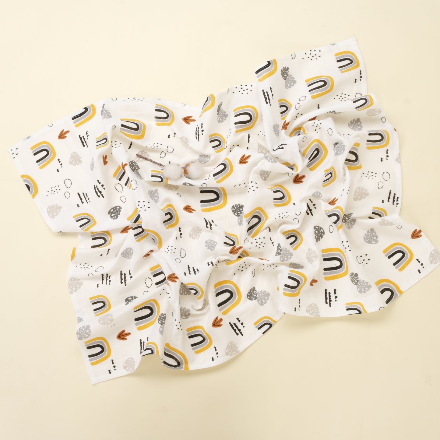 3 lü Bebek Muslin Kundak Set - Dört Katlı Püsküllü Gri - İki Katlı Hardal - Hardal Gökkuşağı