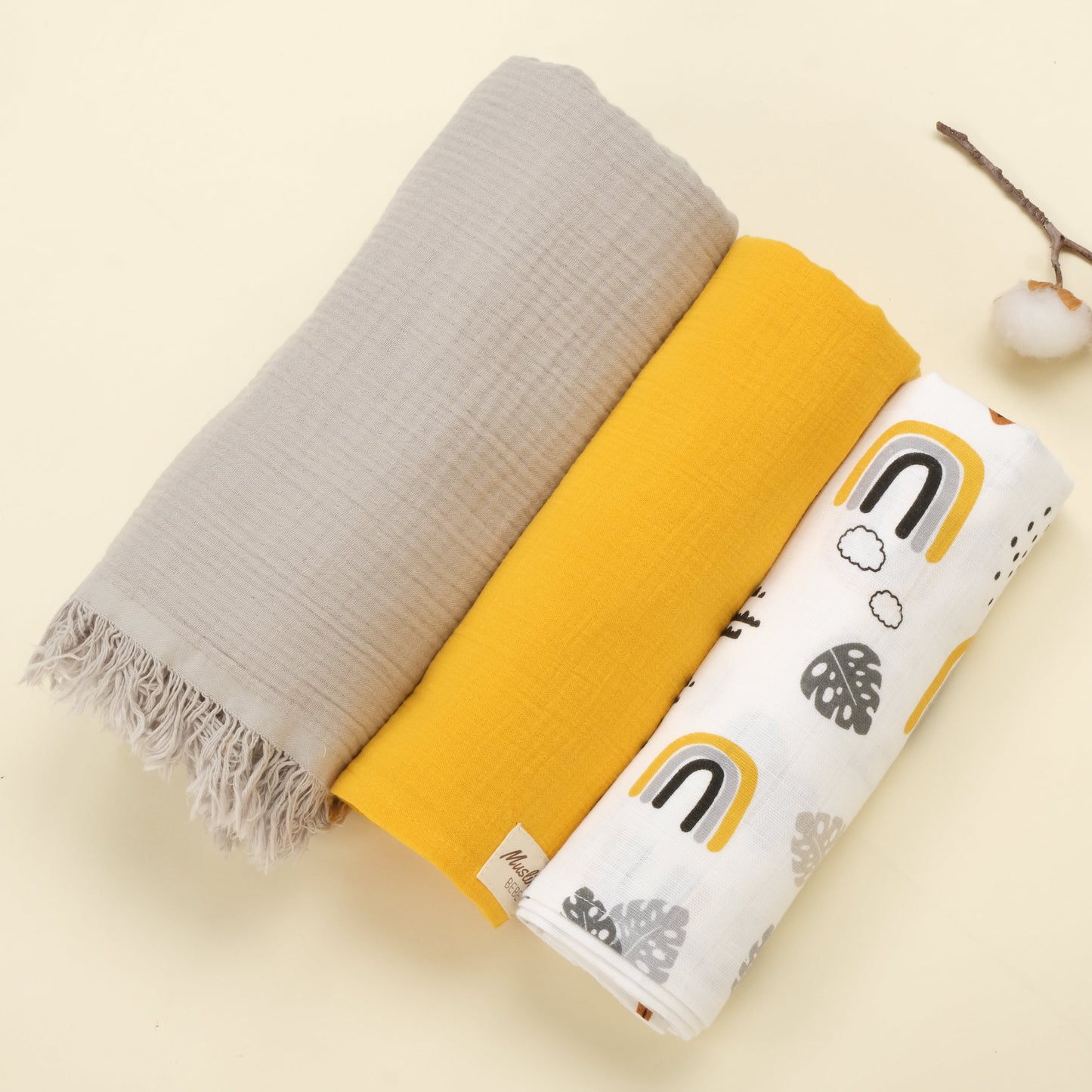 3 lü Bebek Muslin Kundak Set - Dört Katlı Püsküllü Gri - İki Katlı Hardal - Hardal Gökkuşağı