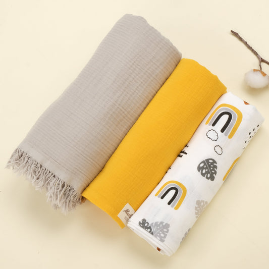 3 lü Bebek Muslin Kundak Set - Dört Katlı Püsküllü Gri - İki Katlı Hardal - Hardal Gökkuşağı