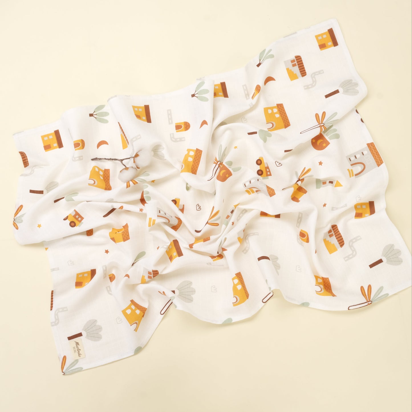 3 lü Bebek Muslin Kundak Set - Dört Katlı Püsküllü Mint - İki Katlı Hardal - Sarı Ev