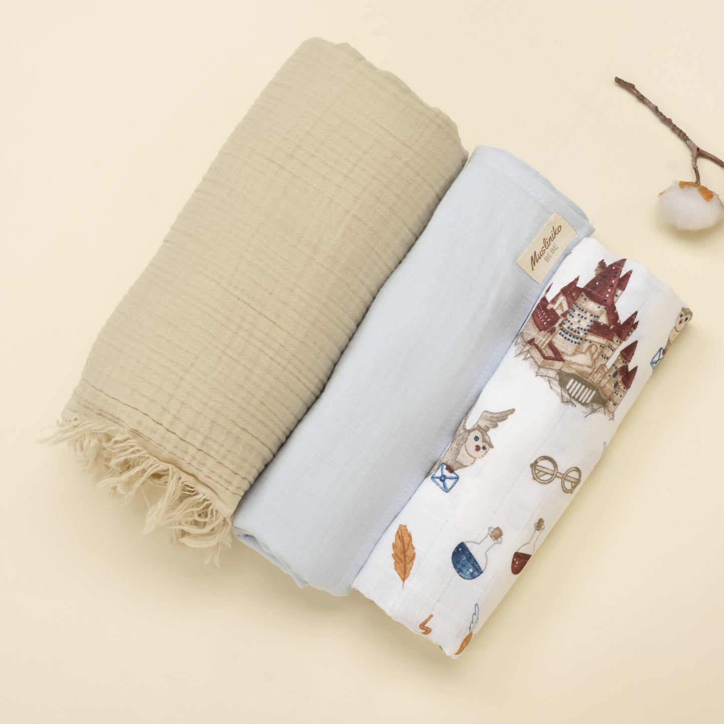 3 lü Bebek Muslin Kundak Set - Dört Katlı Püsküllü Taş - İki Katlı Bebe Mavi - Harry