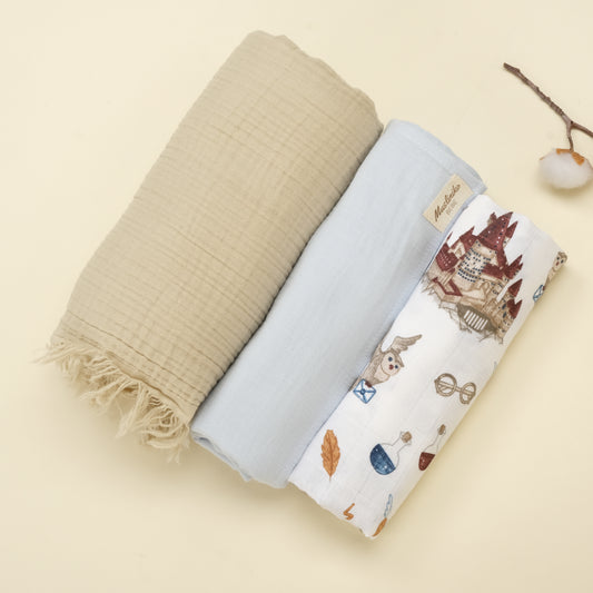 3 lü Bebek Muslin Kundak Set - Dört Katlı Püsküllü Taş - İki Katlı Bebe Mavi - Harry