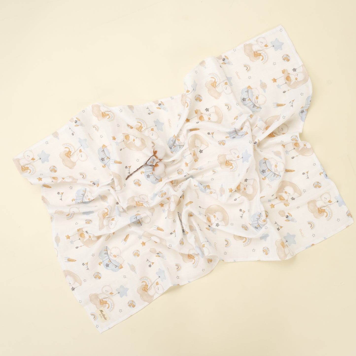 3 lü Bebek Muslin Kundak Set - Dört Katlı Püsküllü İndigo - İki Katlı Sütlü Kahve - Uykucu Ördek