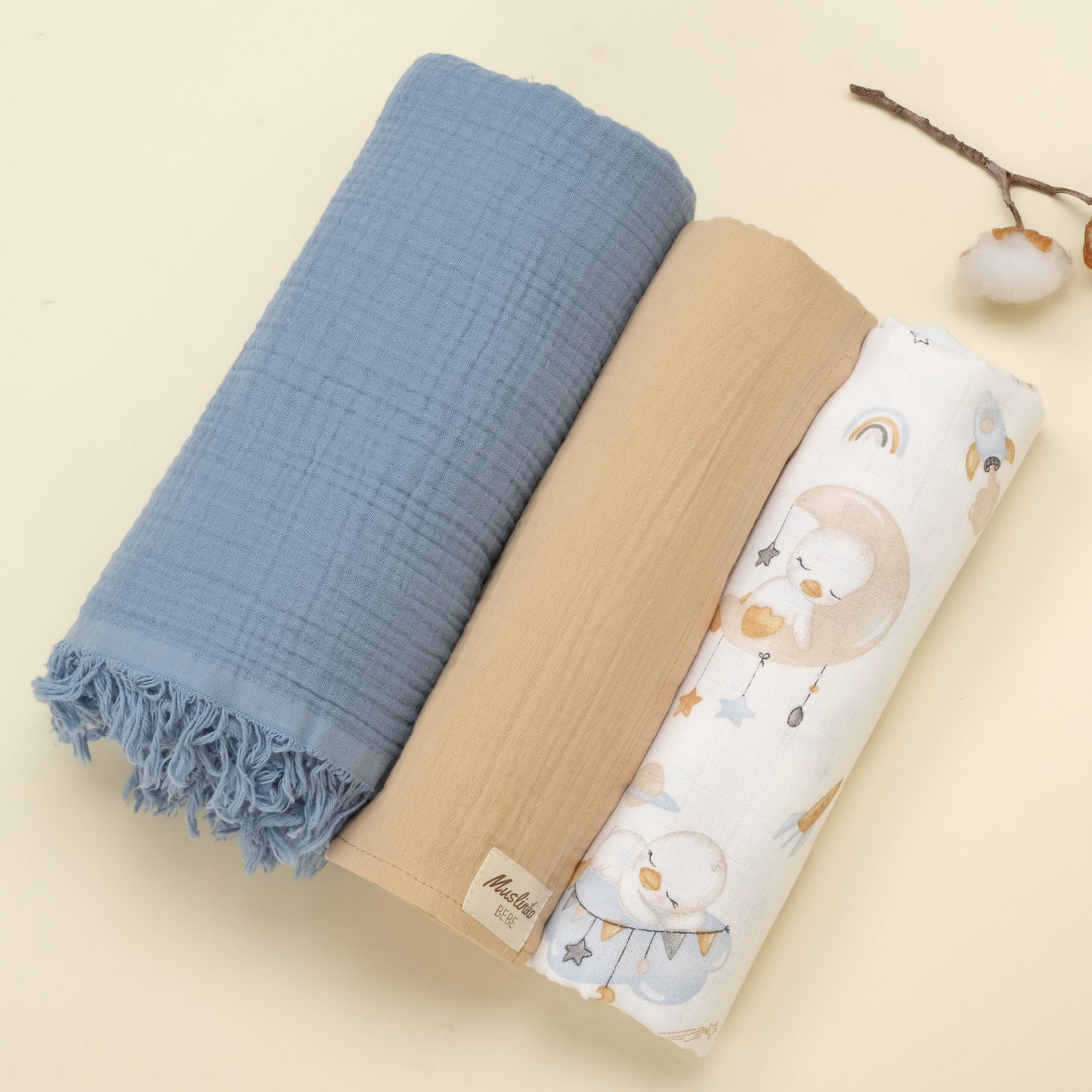 3 lü Bebek Muslin Kundak Set - Dört Katlı Püsküllü İndigo - İki Katlı Sütlü Kahve - Uykucu Ördek