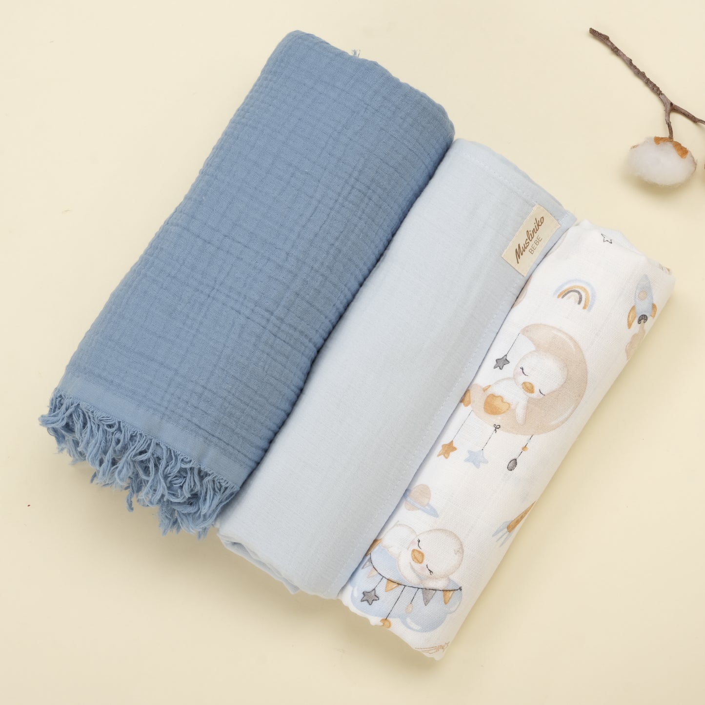 3 lü Bebek Muslin Kundak Set - Dört Katlı Püsküllü İndigo - İki Katlı Bebe Mavi - Uykucu Ördek