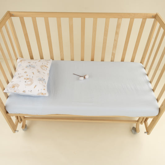 Bebek Lastikli Çarşaf ve Yastık Kılıfı - İki Katlı Organik Muslin - Bebe Mavi - Uykucu Ördek