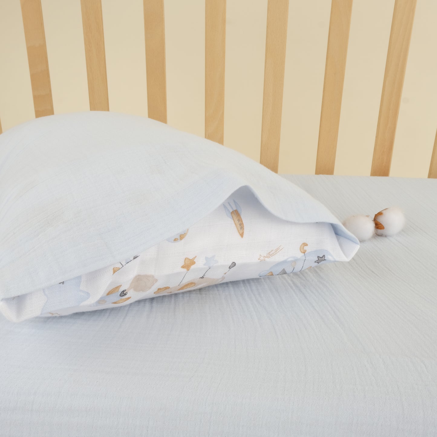Bebek Muslin Nevresim Seti (Dört Katlı Muslin Battaniye , Yorgan Kılıfı , Yastık Kılıfı , Lastikli Çarşaf) - İndigo Dört Katlı Muslin Battaniye - İki Katlı Bebe Mavi - Uykucu Ördek