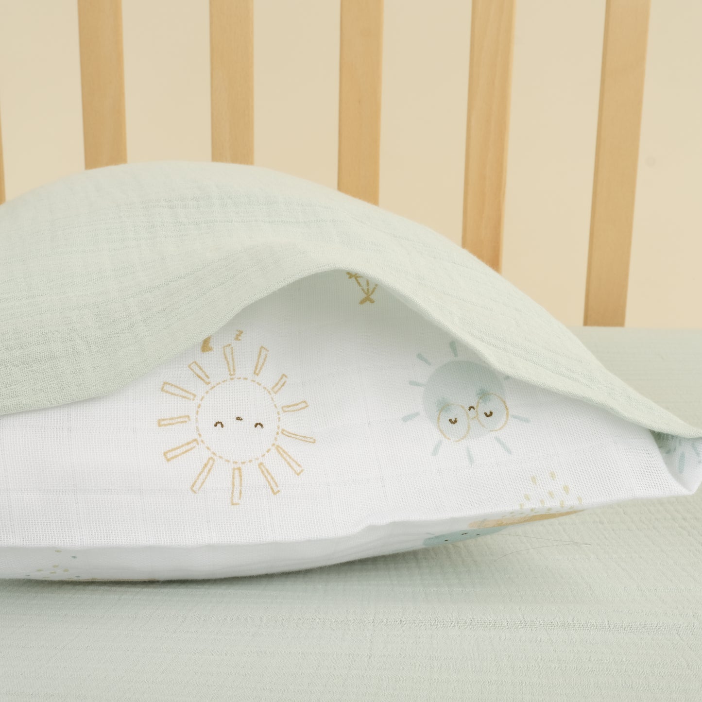 Bebek Lastikli Çarşaf ve Yastık Kılıfı - İki Katlı Organik Muslin - Mint - Su Yeşili Güneş