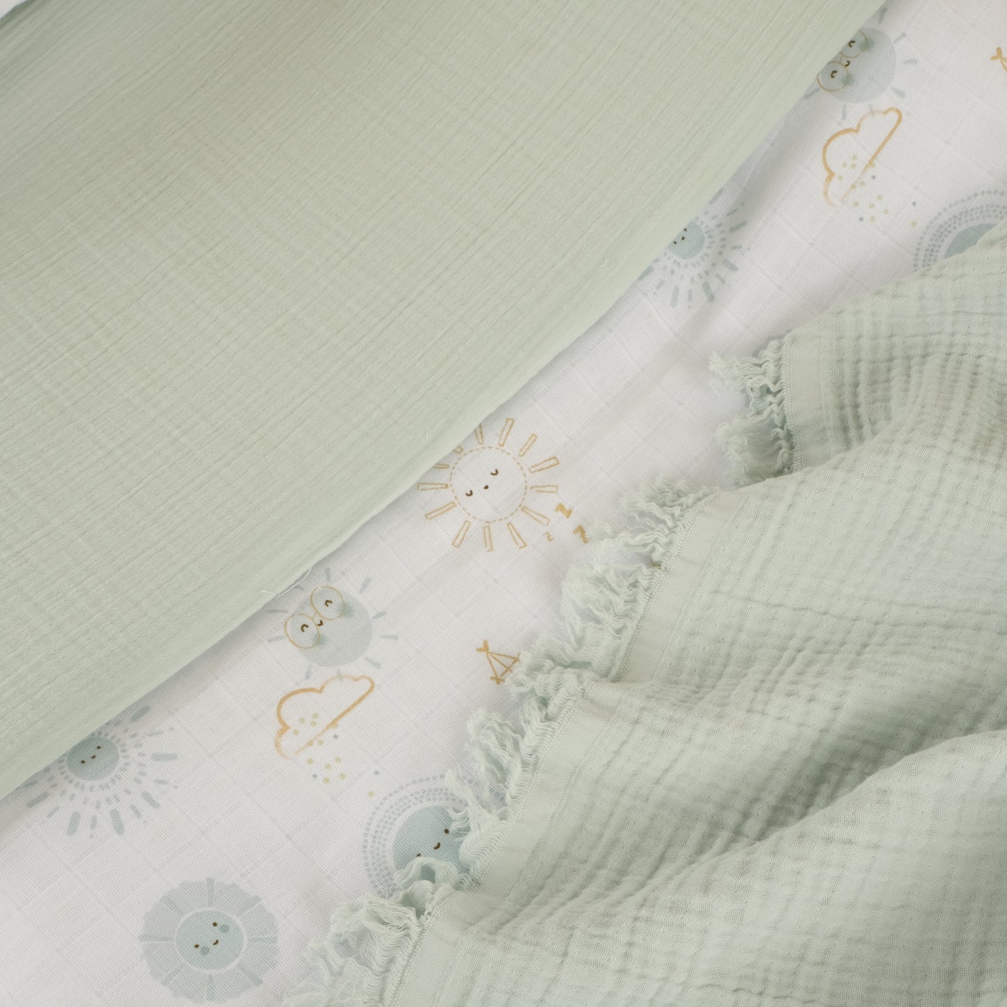 Bebek Muslin Nevresim Seti (Dört Katlı Muslin Battaniye , Yorgan Kılıfı , Yastık Kılıfı , Lastikli Çarşaf) - Mint Dört Katlı Muslin Battaniye - İki Katlı Mint  - Su Yeşili Güneş