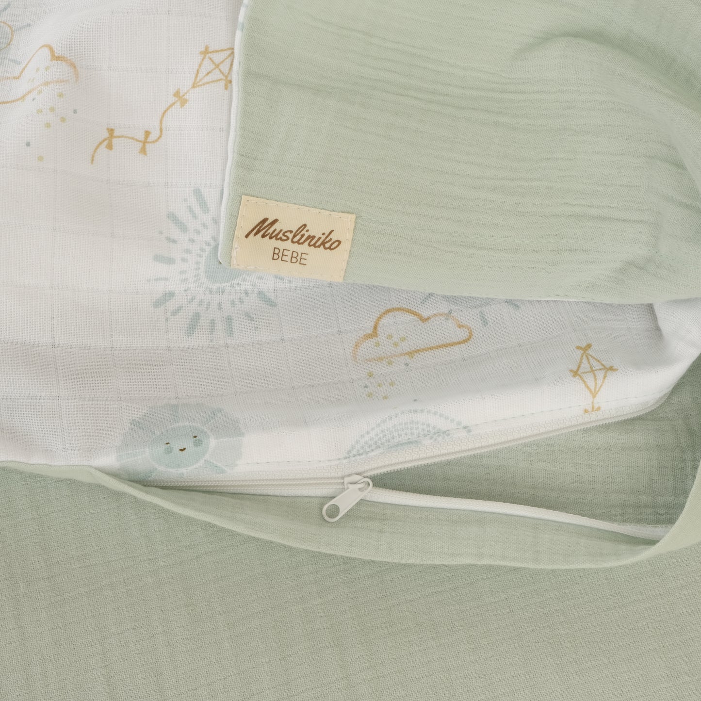 Bebek Muslin Nevresim Seti (Dört Katlı Muslin Battaniye , Yorgan Kılıfı , Yastık Kılıfı , Lastikli Çarşaf) - Mint Dört Katlı Muslin Battaniye - İki Katlı Mint  - Su Yeşili Güneş