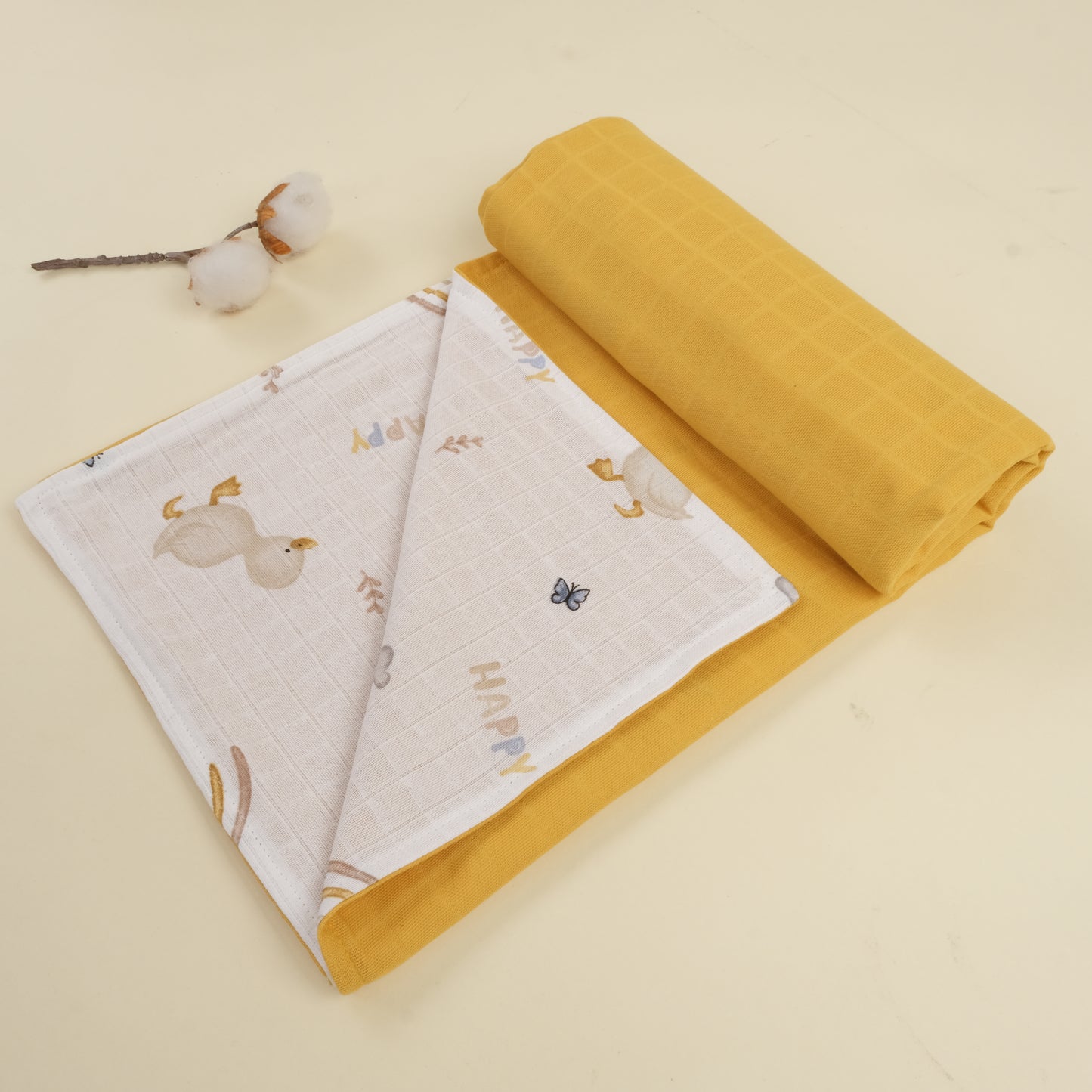 Çift Taraflı Muslin Örtü - Hardal Muslin - Kahverengi Ördek