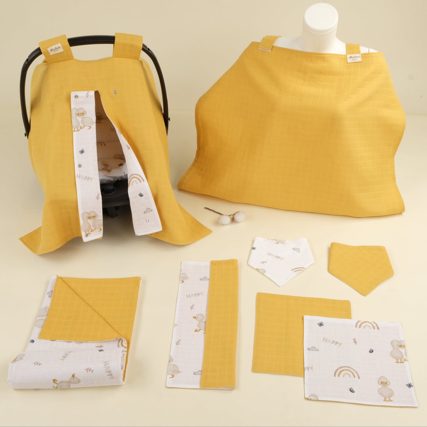 9 Parça Avantajlı Set - Çift Taraflı - Hardal Muslin - Kahverengi Ördek