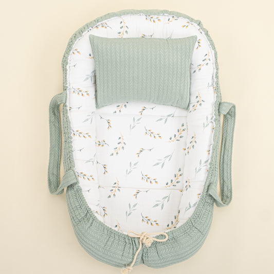 Babynest ve Yastık - Çift Taraflı - Mint Örgü - Yapraklar