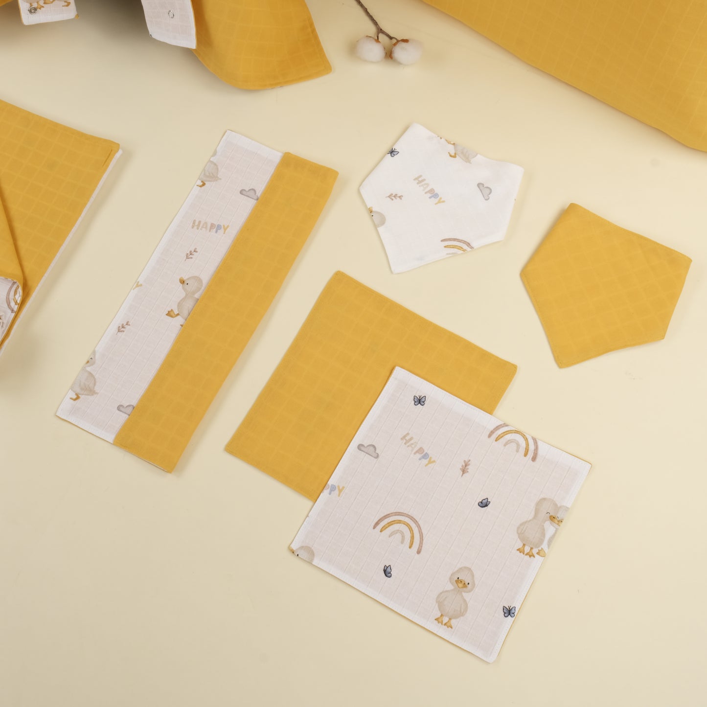 9 Parça Avantajlı Set - Çift Taraflı - Hardal Muslin - Kahverengi Ördek