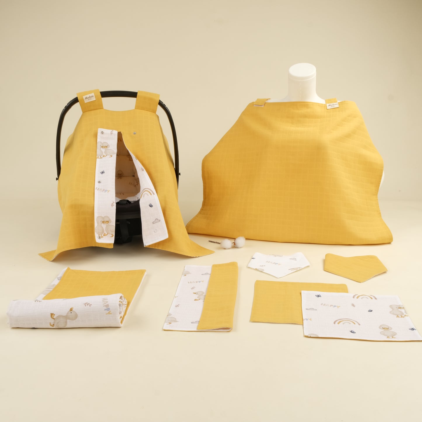 9 Parça Avantajlı Set - Çift Taraflı - Hardal Muslin - Kahverengi Ördek