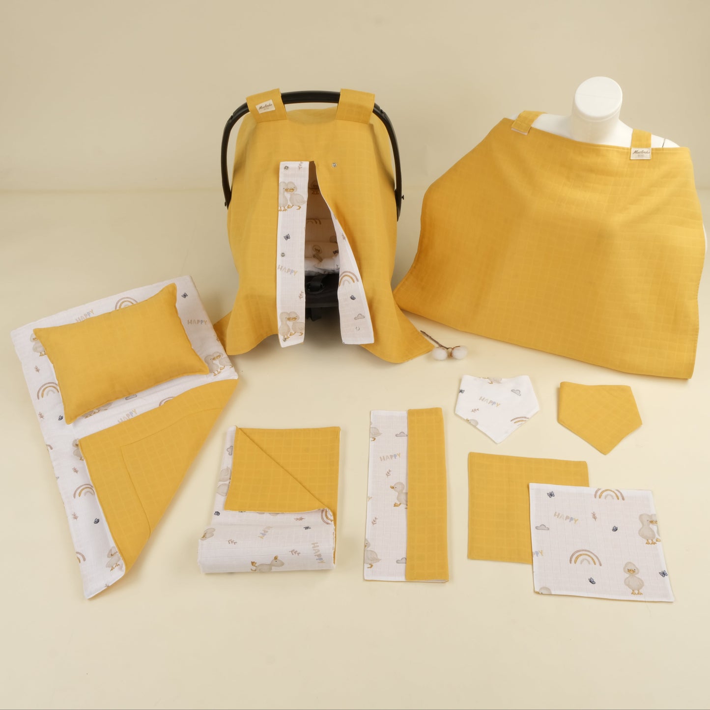 11 Parça Avantajlı Set - Çift Taraflı - Hardal Muslin - Kahverengi Ördek