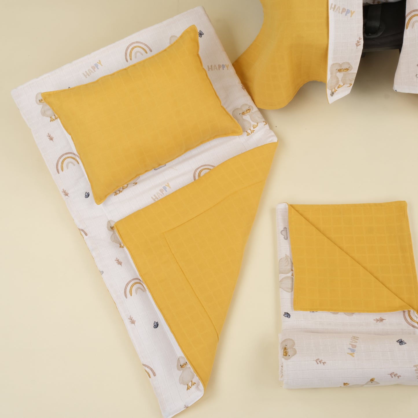 11 Parça Avantajlı Set - Çift Taraflı - Hardal Muslin - Kahverengi Ördek