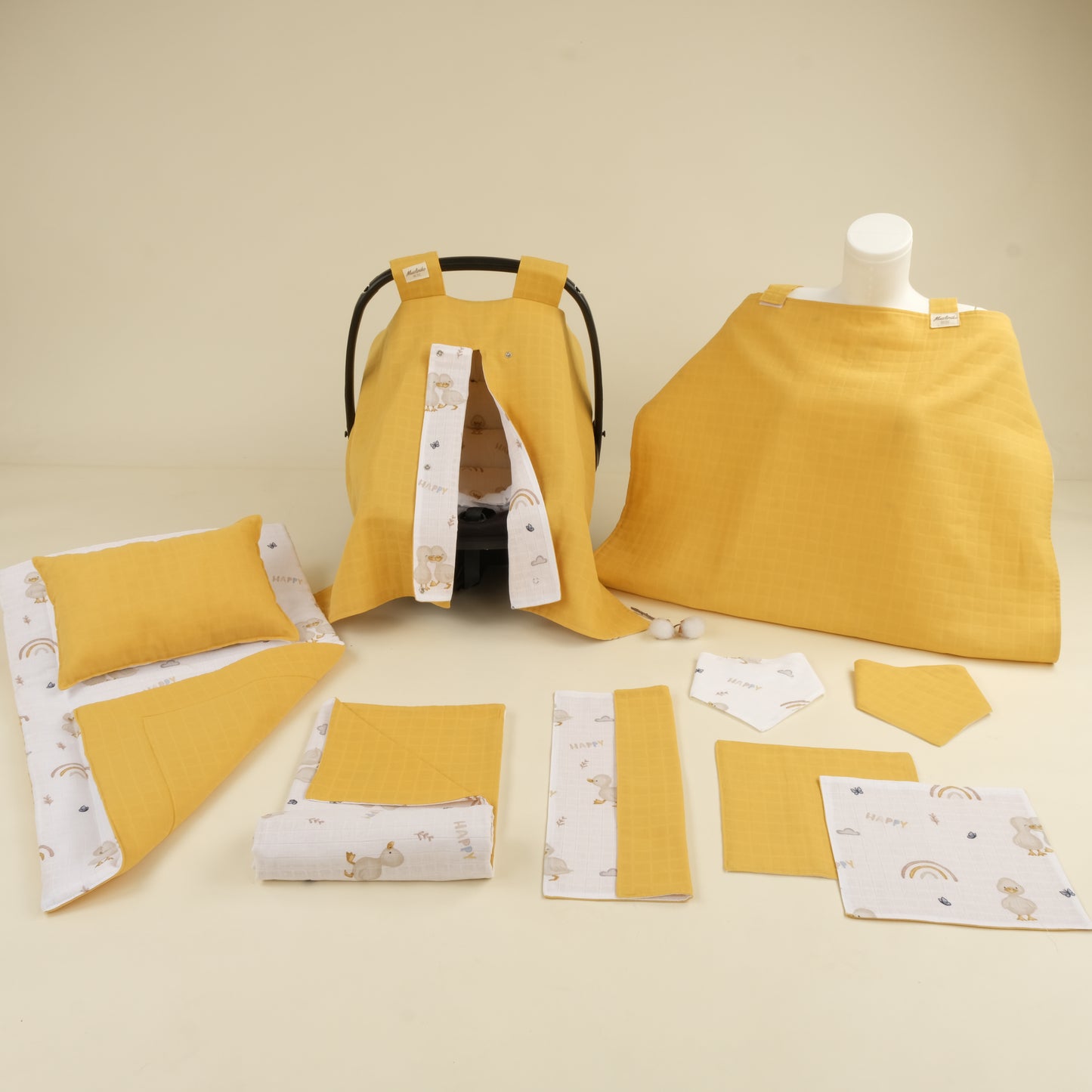 11 Parça Avantajlı Set - Çift Taraflı - Hardal Muslin - Kahverengi Ördek