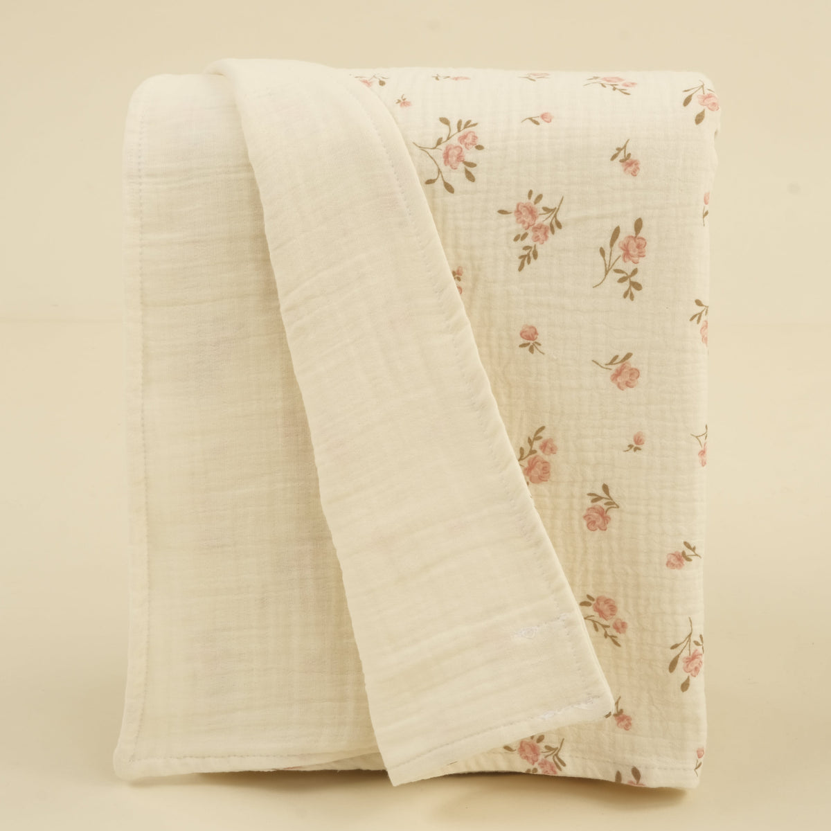 Çift Taraflı Muslin Örtü - İki Katlı Soft Çiçekler - İki Katlı Krem Muslin