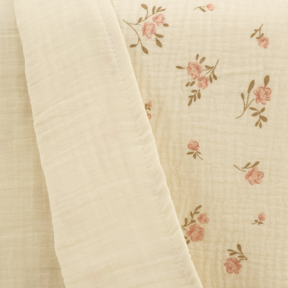 Çift Taraflı Muslin Örtü - İki Katlı Soft Çiçekler - İki Katlı Krem Muslin