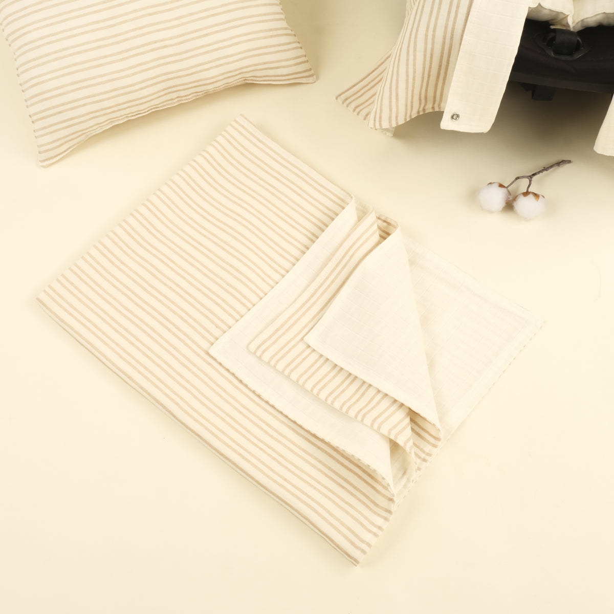 4 Parça İki Katlı Avantajlı Set - Kum Çizgili - Krem Muslin