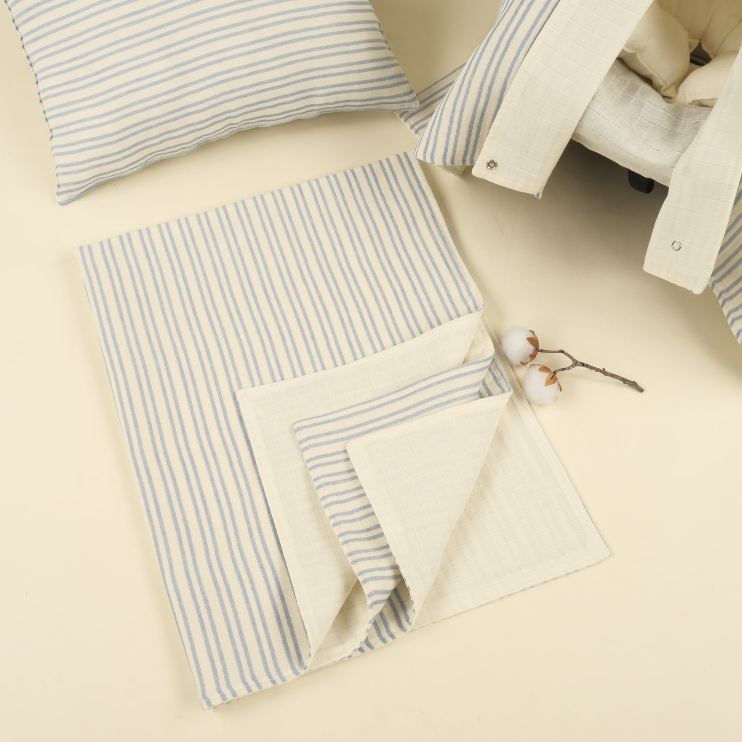 5 Parça İki Katlı Avantajlı Set - Mavi Çizgili - Krem Muslin
