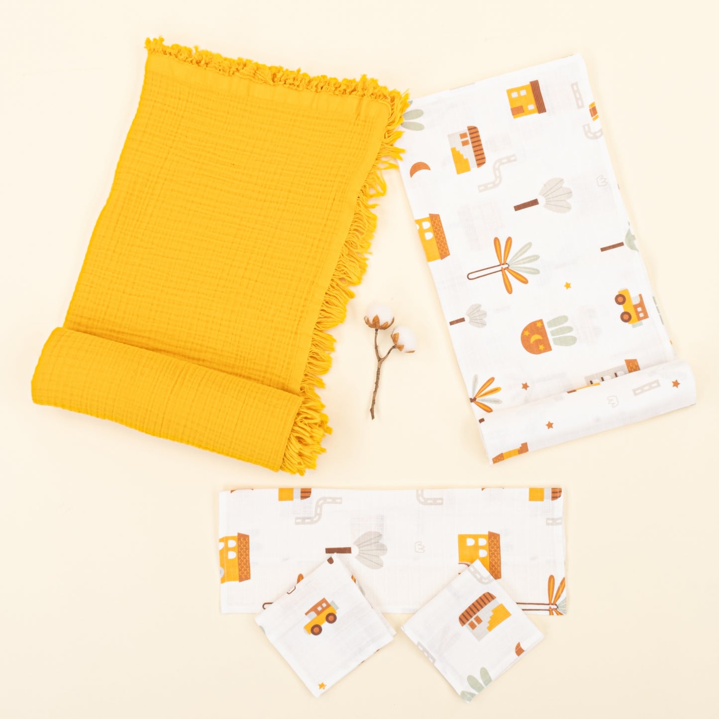 Dört Katlı Organik Muslin Set - Hardal - Sarı Ev