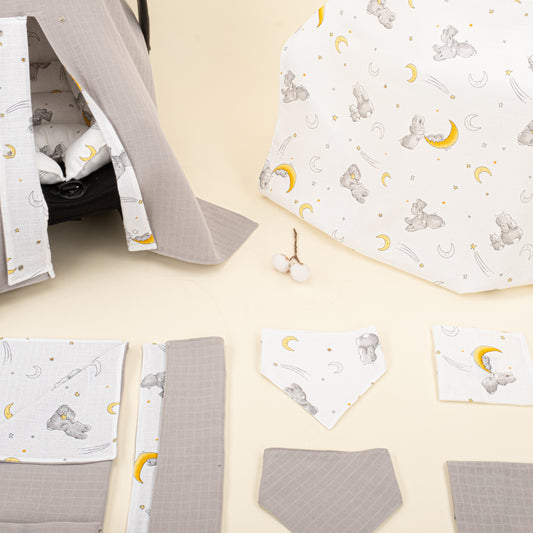 9 Parça Avantajlı Set - Çift Taraflı - Açık Gri Muslin - Gri Tavşan
